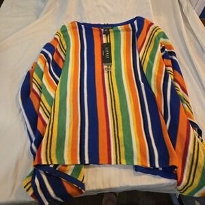 Lauren‎ Ralph Lauren Womens Linen Blend Knit Rainbow Striped Poncho Shawl L/XL